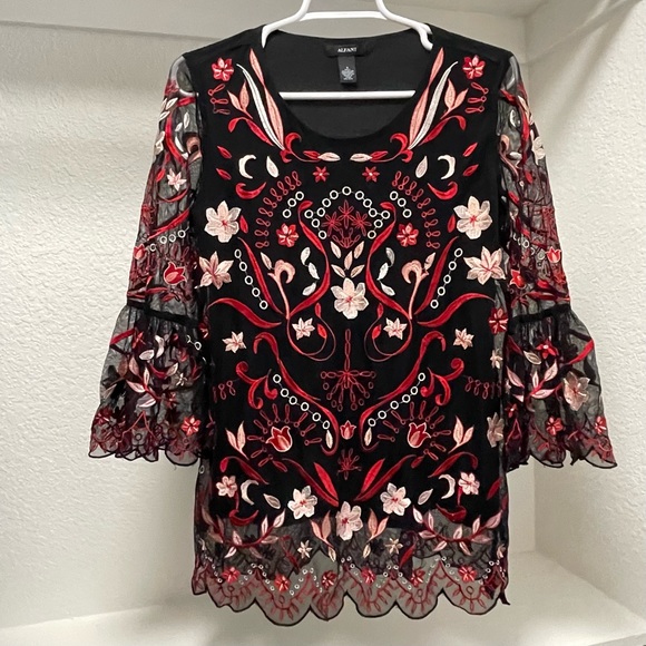 ALFANI •Floral Long Ruffle Sleeve Mesh Blouse | Sz S - Picture 2 of 5